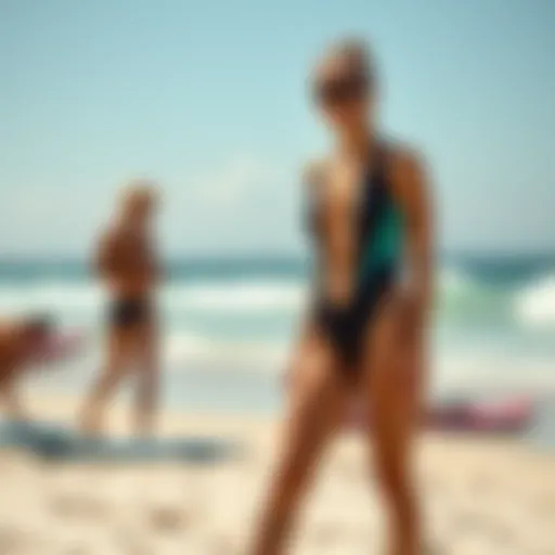 Stylish cheeky springsuit displayed against a beach backdrop