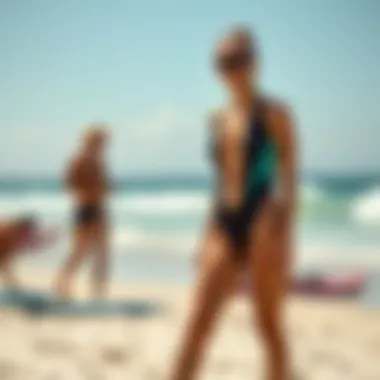 Cheeky Springsuit in a Trendy Environment Stylish cheeky springsuit displayed against a beach backdrop