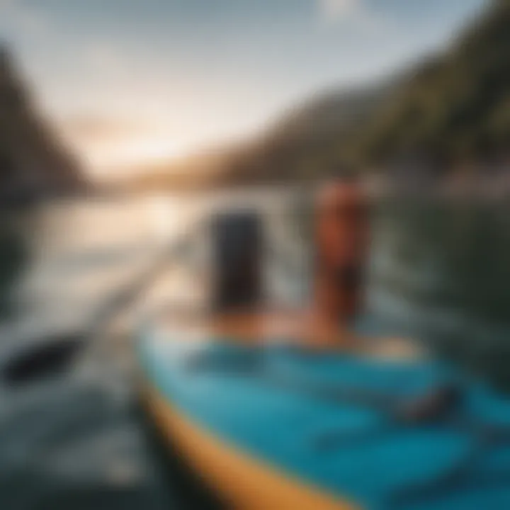 Close-up of Dakine paddleboard gear with vivid ocean backdrop