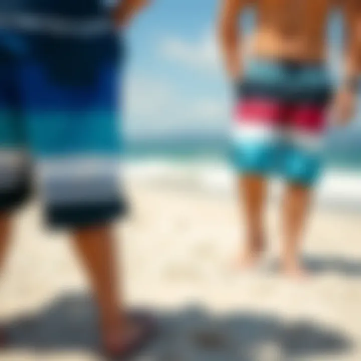 A comparison of boardshorts and swim shorts on a sandy beach