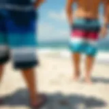 Comparison of Boardshorts and Swim Shorts A comparison of boardshorts and swim shorts on a sandy beach