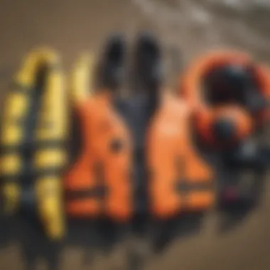 Essential Safety Gear for Watersports Safety gear laid out including life jackets and helmets for watersports