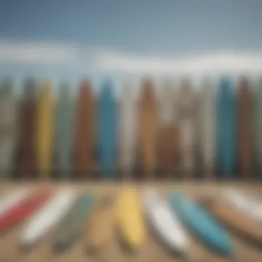 An array of surfboards displaying different shapes and designs used for boat towing