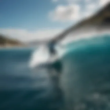 Dynamic Surfing Action Behind Boats A surfer gracefully riding a surfboard behind a boat in clear blue waters