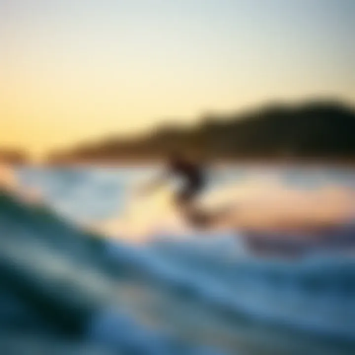 Skimboarder gliding along the shore