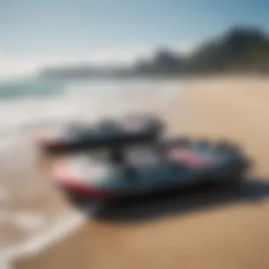 Scenic view of a beach with electric jet bodyboards lined up