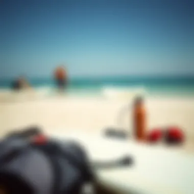 Essential surf gear laid out for a day at the beach