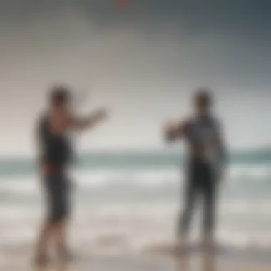 An expert instructor demonstrating kite control to a student on the beach