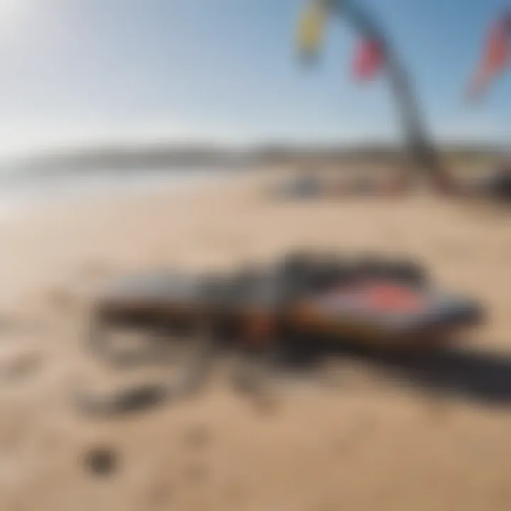 A close-up of kiteboarding gear set up on the sandy beach ready for use