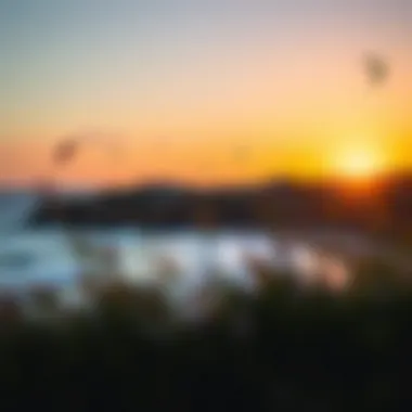 Scenic Kitesurfing Location at Sunset A panoramic view of a popular kitesurfing spot in the Algarve during sunset