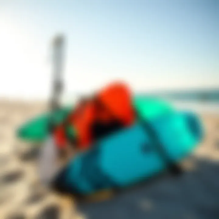 Kitesurfing Equipment on the Sandy Beach Essential kitesurfing gear lined up on the beach