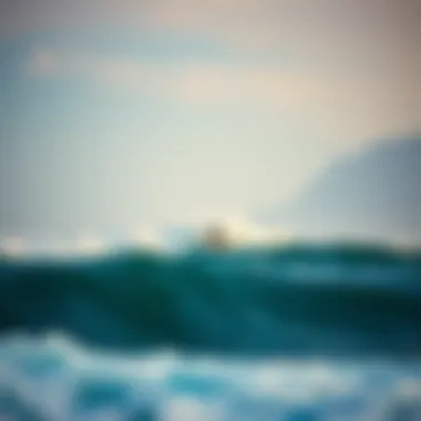 A serene coastal view with surfers riding the waves