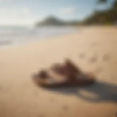 A scenic beach setting with Olukai Hiapo sandals resting on the sand.