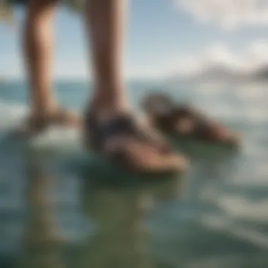 Olukai Hiapo sandals alongside water, illustrating their suitability for water activities.