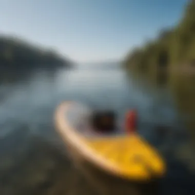 A close-up of paddleboarding equipment including a paddle and life jacket