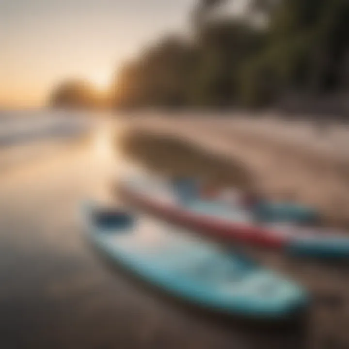 An array of paddleboards on the beach waiting for adventurers