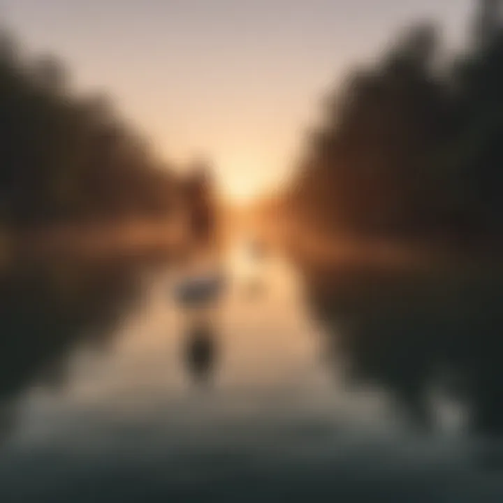 A serene lake at sunrise with paddleboarders gliding across the water