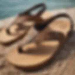 Close-up of Reef cork sandals showcasing unique texture and design