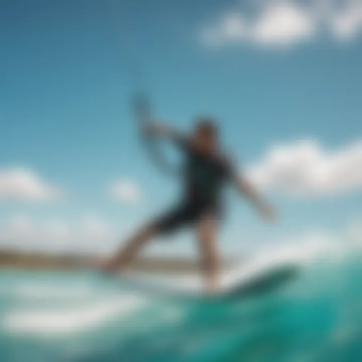 Thrilling moment of a kite surfer gliding over the turquoise waters at Reef High Vista