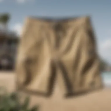 Versatile Rip Curl khaki shorts showcasing their design and style on a beach setting.