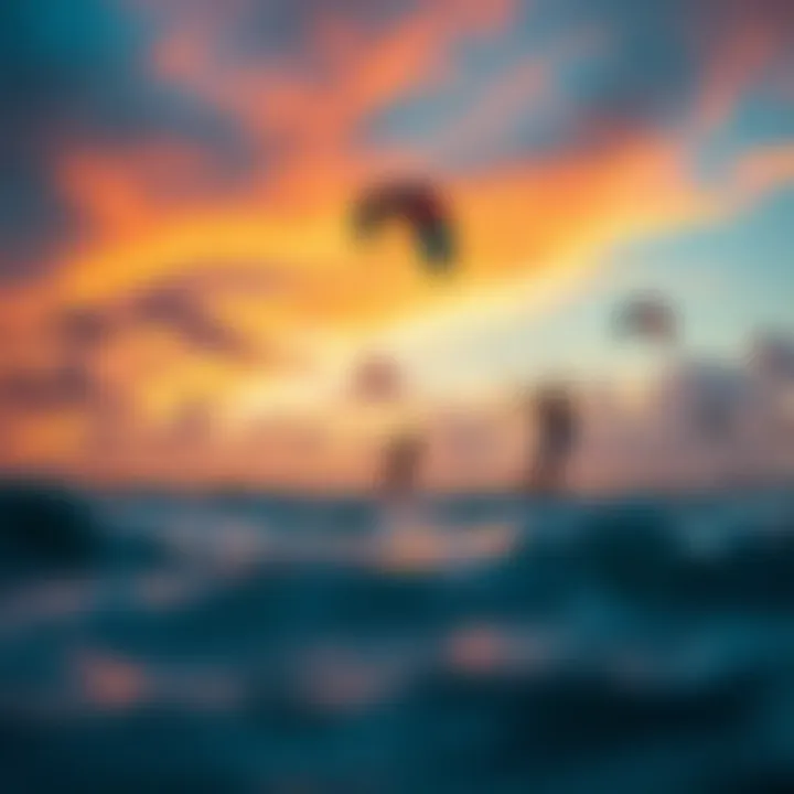 A vibrant image of kitesurfers gliding through the wind against a colorful sunset