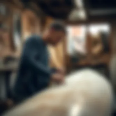 The Craft of Surfboard Shaping Artisan carefully shaping a surfboard in a studio