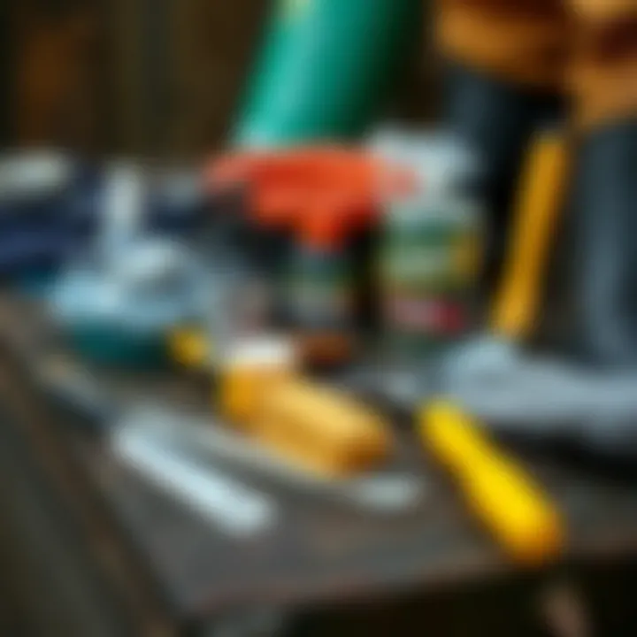 Maintenance tools and cleaning supplies for booties on a rustic surface