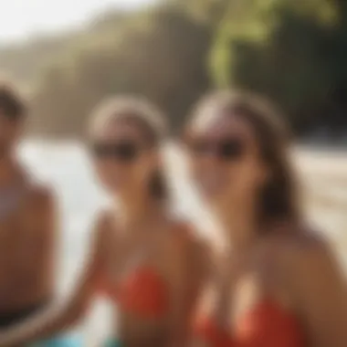 Group of friends enjoying watersports with visible sunscreen protection