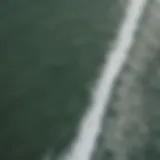 Aerial view of California coast with surfers riding waves