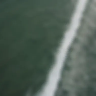 Aerial view of California coast with surfers riding waves