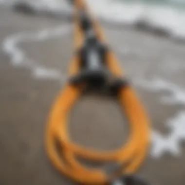 Close-up of a surf leash showcasing its materials and features