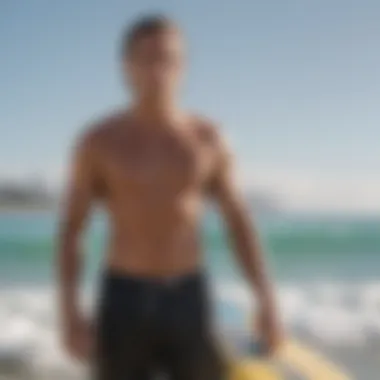 A surfer demonstrating the correct leash length for their board