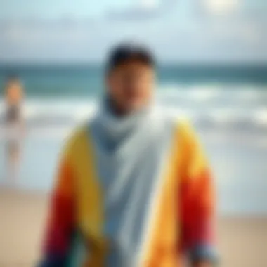 Man wearing a surf poncho towel after surfing on the beach