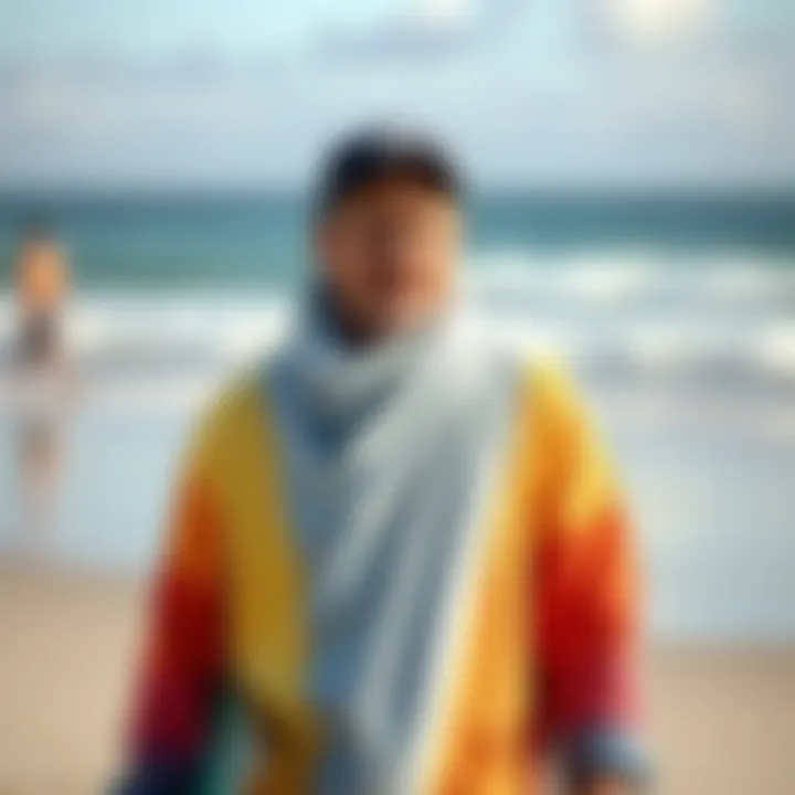Man wearing a surf poncho towel after surfing on the beach