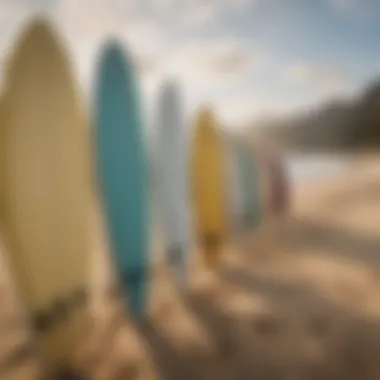 Surfboards lined up on a sandy beach, capturing the essence of the surfing lifestyle.