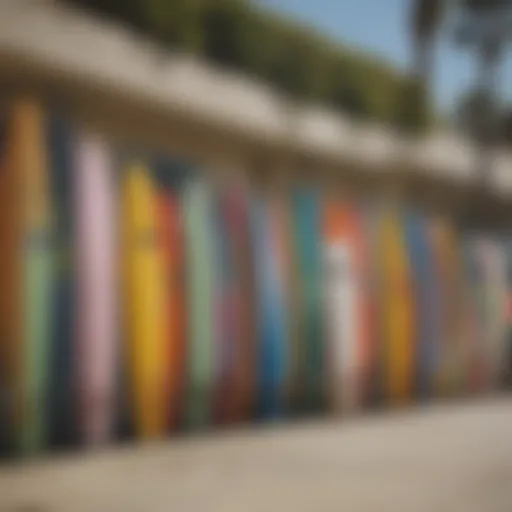 Colorful surfboards lined up outside a surf shop