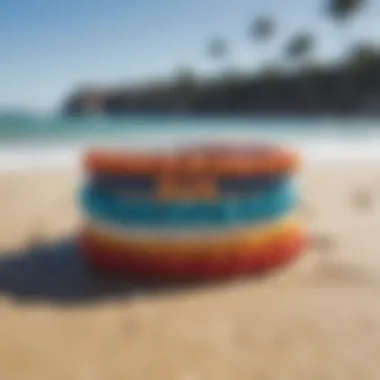 Group of surf style bracelets displayed against a beach backdrop