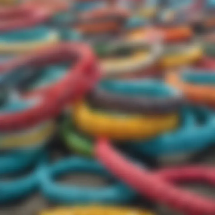 Close-up view of colorful surf style bracelets showcasing various materials