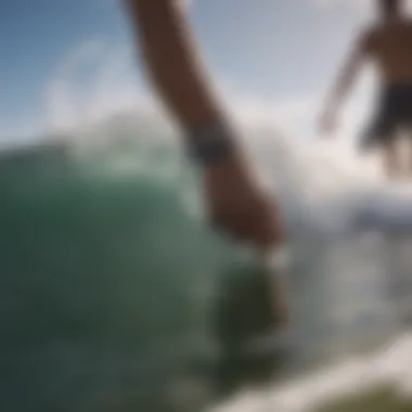 Waves crashing with surf style bracelets in the foreground