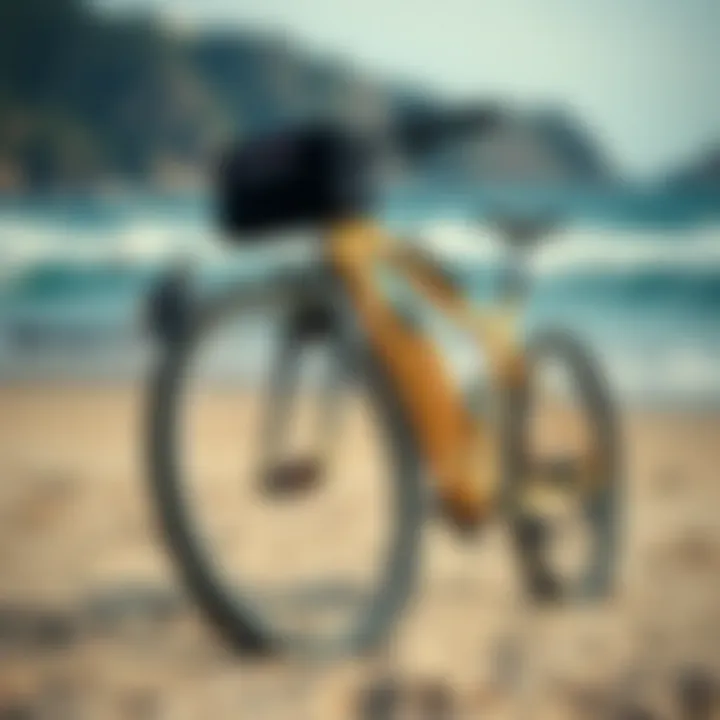 A scenic beach with a bicycle parked, illustrating the perfect synergy between cycling and surfing.