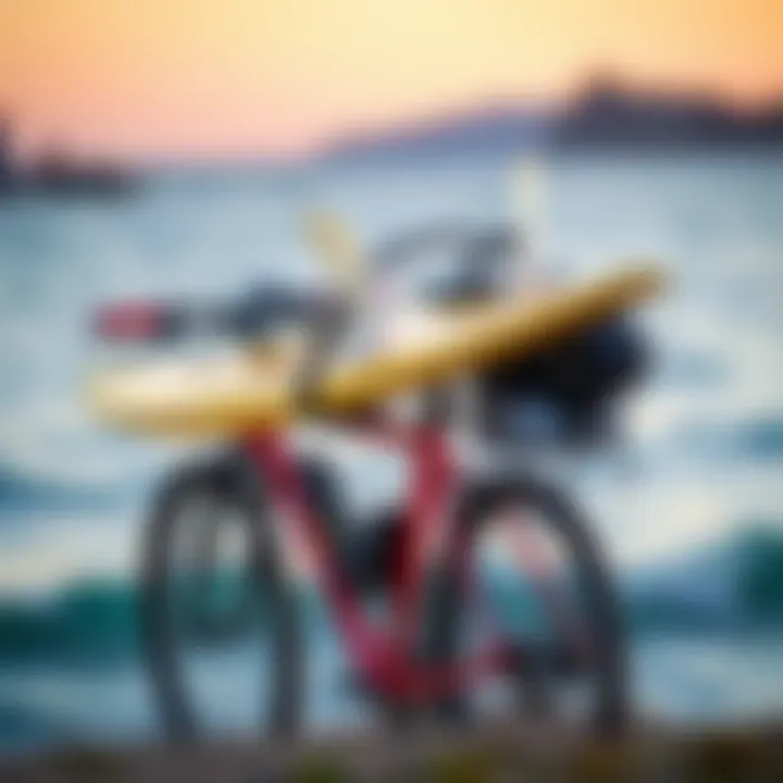 A bicycle equipped with a sleek surfboard holder showcasing a surfboard securely attached.