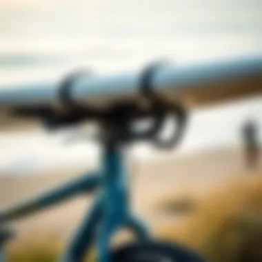 Close-up view of a high-quality surfboard holder mounted on a bicycle frame.