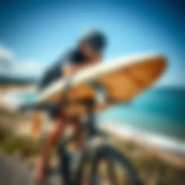 Installation of a surfboard holder, demonstrating the ease and efficiency of mounting it on a bike.