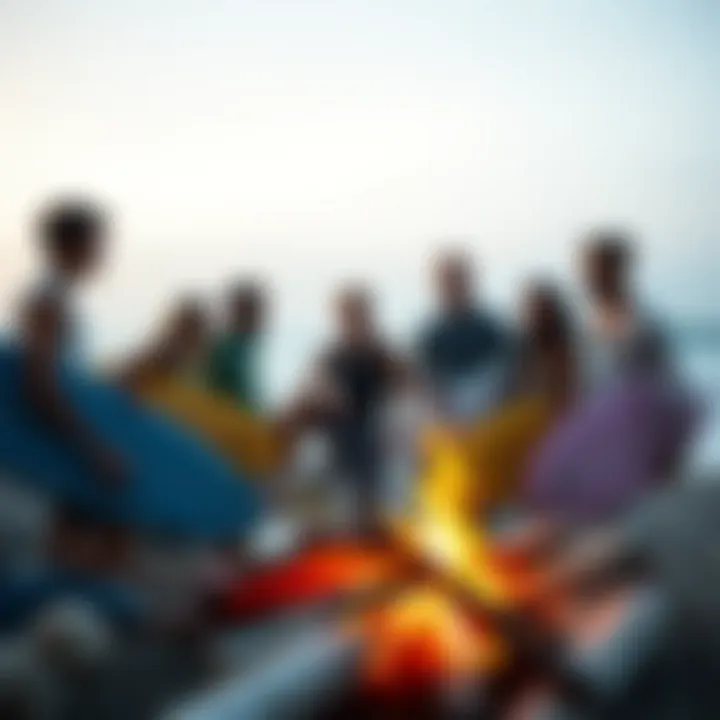 Surfing community enjoying a beach bonfire