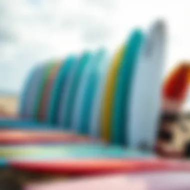 Colorful surfboards lined up on the beach