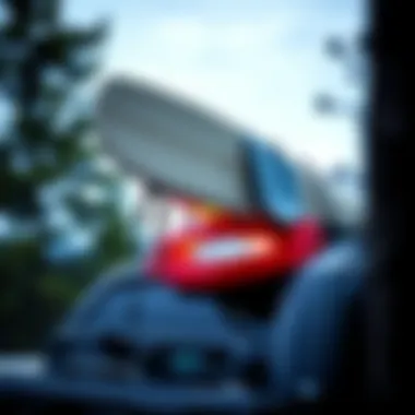 Surfboard securely mounted on Tacoma rack