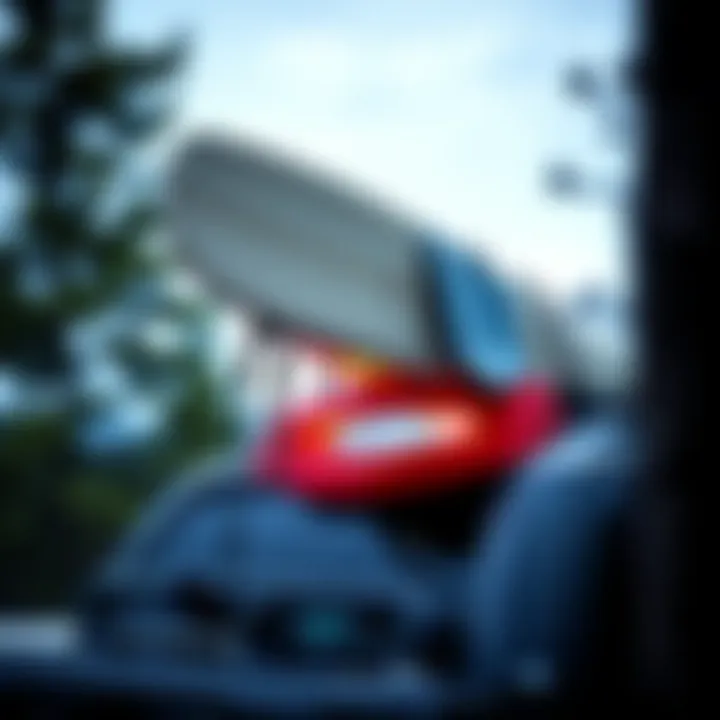 Surfboard securely mounted on Tacoma rack