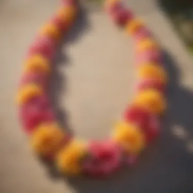 A beautifully arranged flower lei displayed on a natural background