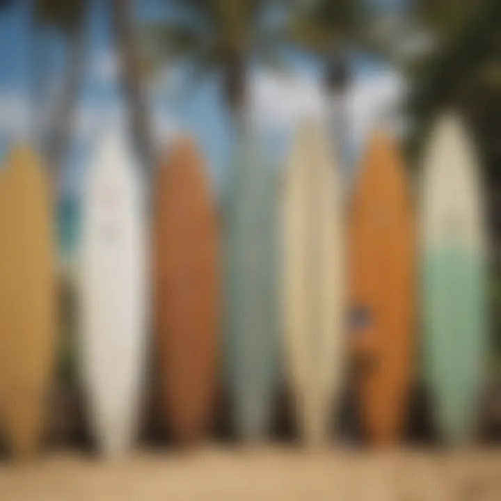 Historical surfboards displayed on Waikiki shore