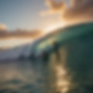 A surfer riding a wave against a vibrant sunset